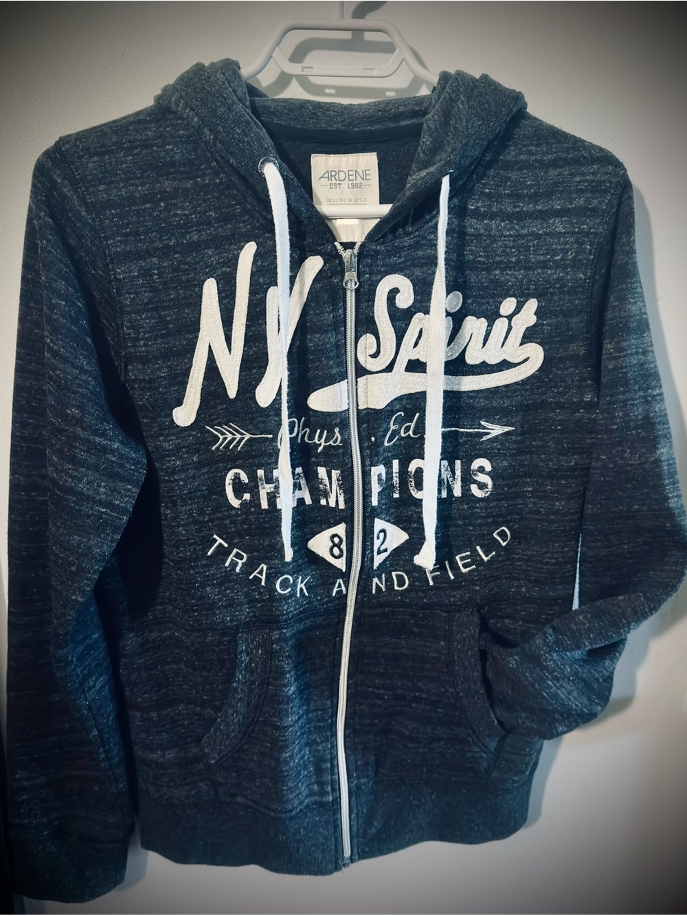 NY Spirit' Dark Heather Gray Zip Hoodie with White Graphic